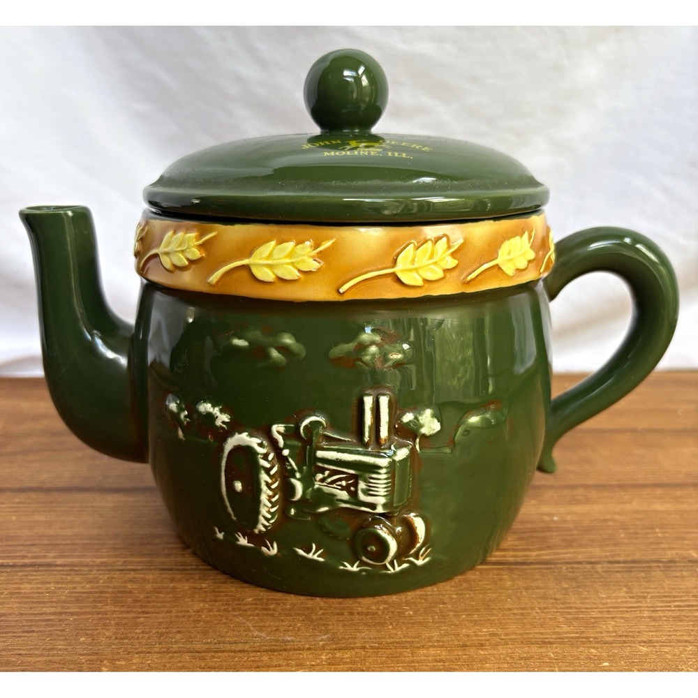 John Deere Ceramic Teapot w/ Lid Green Yellow Tractor Motif Moline, IL